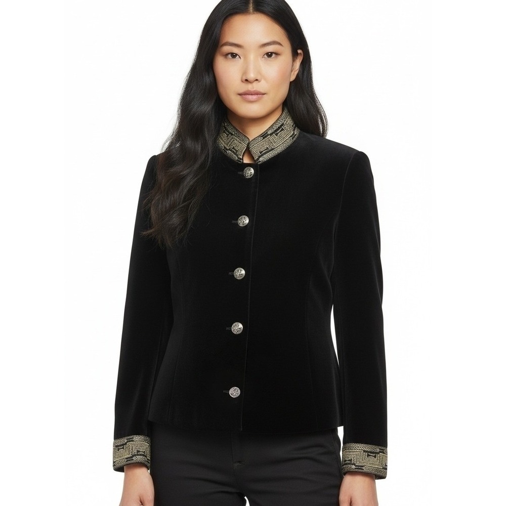 St. A Velvet Jacket Women 6 Black Mandarin Military Luxury Vintage 90s